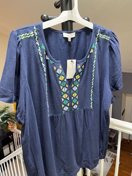 NWT Skies Are Blue Linen Blend Embroidered Short Flutter Sleeve Top - Picture 3 of 6
